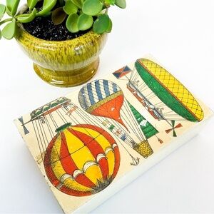 Vintage Fornasetti Style Hot Air Balloon Cigar Box Wood Tin Lined MCM